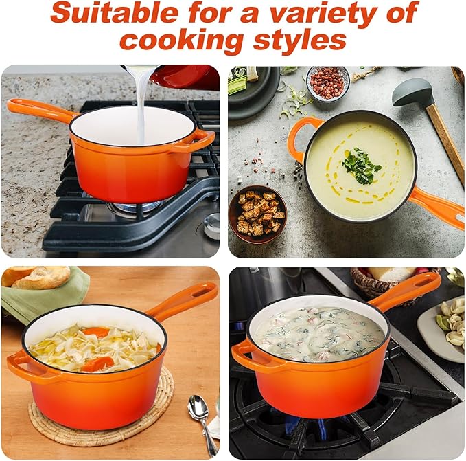 HaSteeL 2 QT Cast Iron Saucepan, Mini Enamel Dutch Oven with Lid, Small Non Stick Pan for Milk, Pasta Tomato Sauce, Butter, Breakfast, Soup, Suitable for Boiling Stewing Frying, Easy to Clean, Orange
