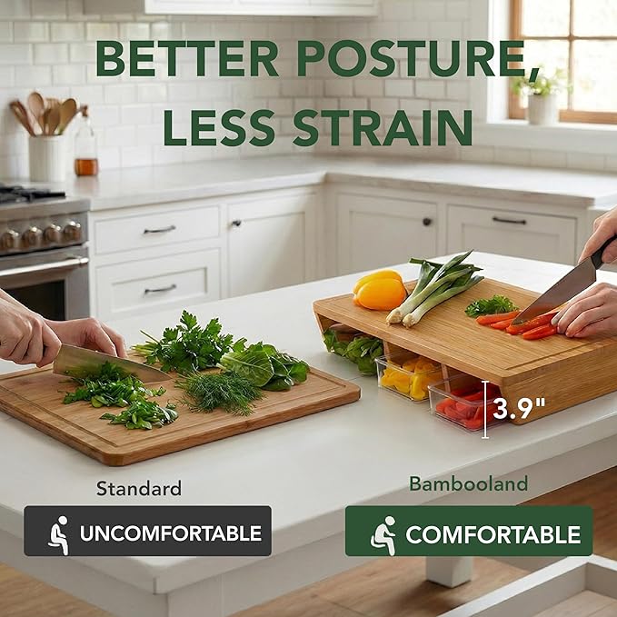 BAMBOO LAND- Large Bamboo Cutting Board with Containers, Food Prep Station, Cutting Board with Storage
