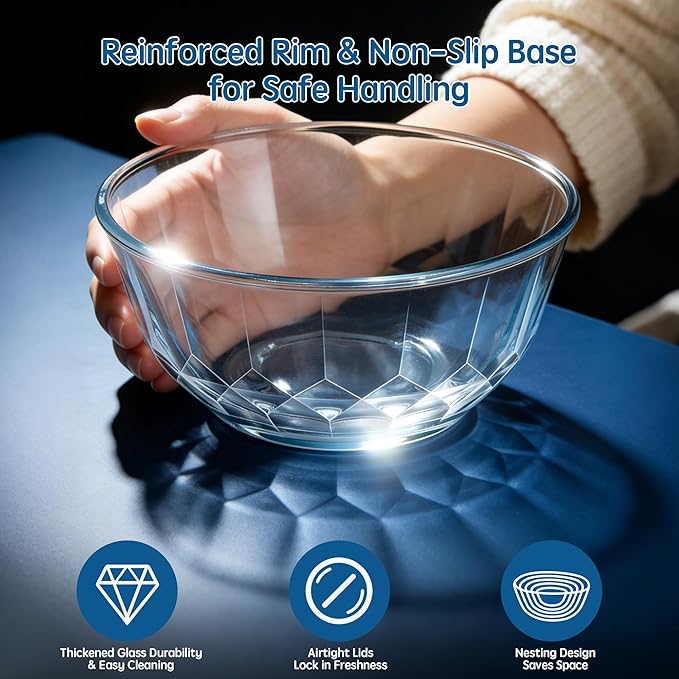 Thick Glass Mixing Bowls with Airtight Lids Set, 5-Piece Nesting Bowls for Baking & Meal Prep, BPA Free, Dishwasher Safe, 0.5/0.8/1.6/2.7/4.4 Quart - Blue