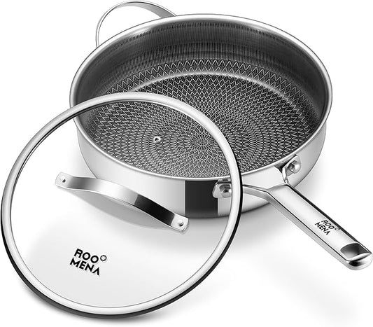 Saute Pan with Lid, Hybrid Ceramic Nonstick 12 Inch 5-Quart Tri-Ply Stainless Steel Skillet, PFAS/PFOA/PTFE Free, Metal Utensil Safe, Dishwasher & Oven Safe, Induction Compatible