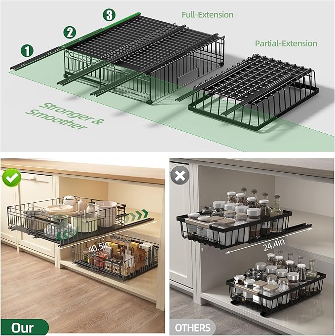 NETEL 2 Pack Expandable Pull Out Cabinet Organizer, Raised 6.69" guardrail, Adjustable Width 12.99"-20.07", 20.86" Depth Pull Out Cabinet Organizer, Adhesive Pull Out Drawers for Cabinets, Black