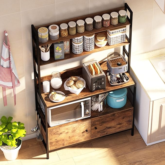 5-Tier Kitchen Bakers Rack with Storage,Industrial Microwave Oven Stand, Utility Storage Shelf,Free Standing Kitchen Utility Cart Storage Shelf Organizer with Hooks