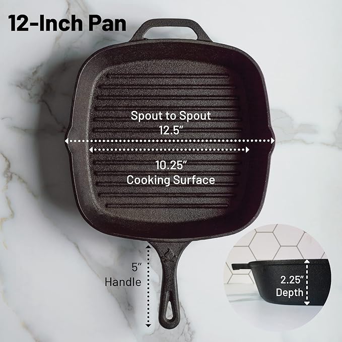 12 Inch Square Grill Pan Large Pre-Seasoned Cast Iron