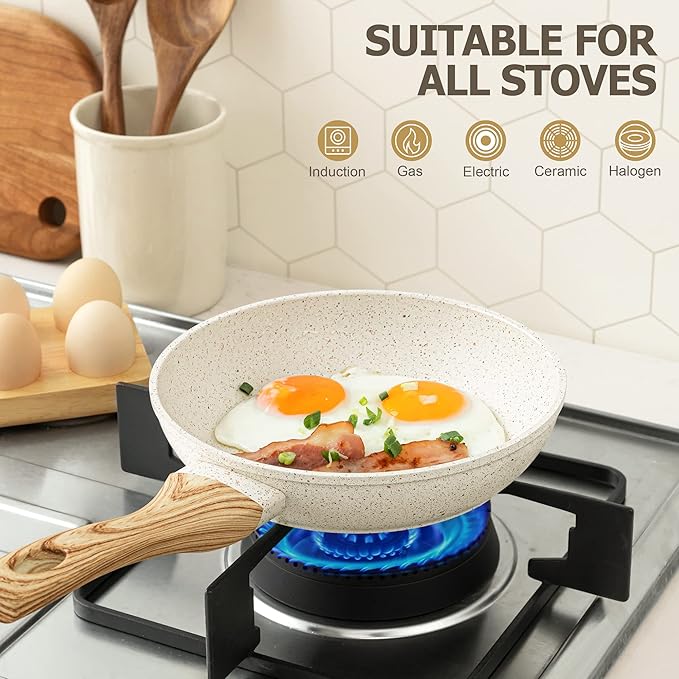 MICHELANGELO 10 Inch Nonstick Frying Pan with Lid, Non Stick Pan with Non-Toxic Coating, Granite Skillet with Anti-Scald Handle, Induction Compatible