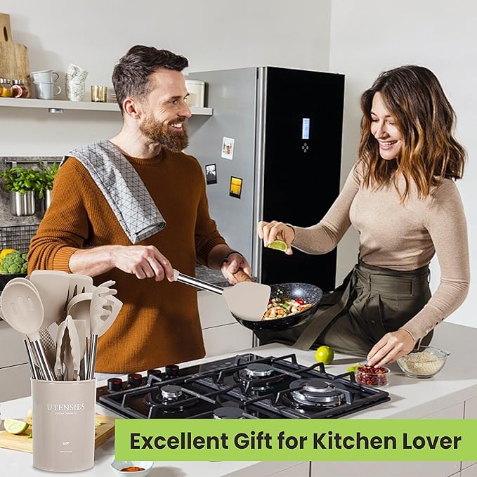 Cooking Utensils Set, 35Pcs Silicone Kitchen Utensils Set with Holder, 446°F Heat Resistant Food Grade Spatula Set, BPA Free Kitchen Gadgets for Non-stick Cookware, Easy to Clean (Khaki)