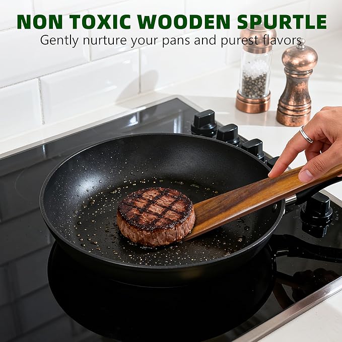 5 PCS Wooden Spatula for Cooking, Natural Teak Wooden Utensil Set, Non-Toxic Wood Cooking Utensil, Handmade Comfort Grip Wood Spoons for Nonstick Cookware