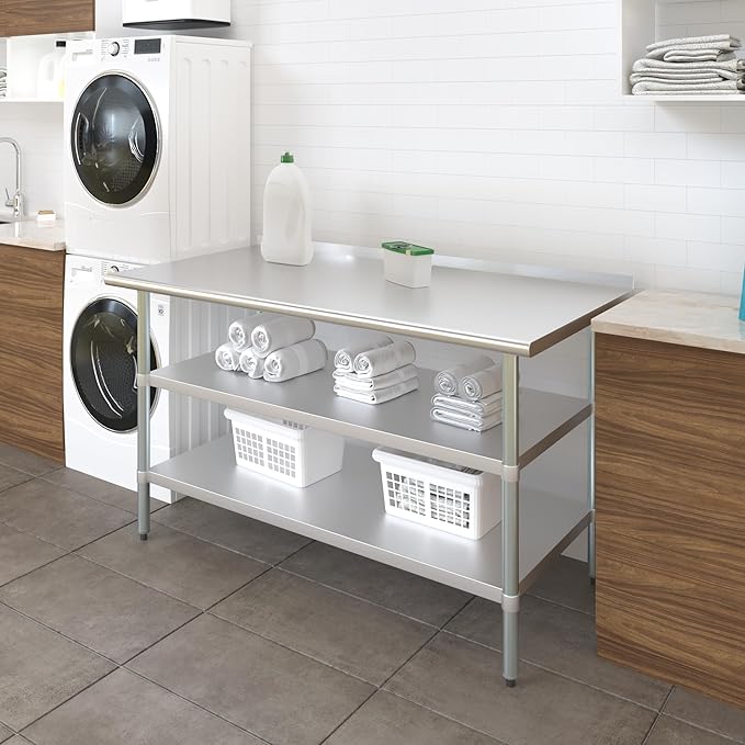 AmGood Stainless Steel Work Table with 1.5" Backsplash and 2 Shelves | Metal Kitchen Food Prep Table | NSF (60" Long x 30" Deep)
