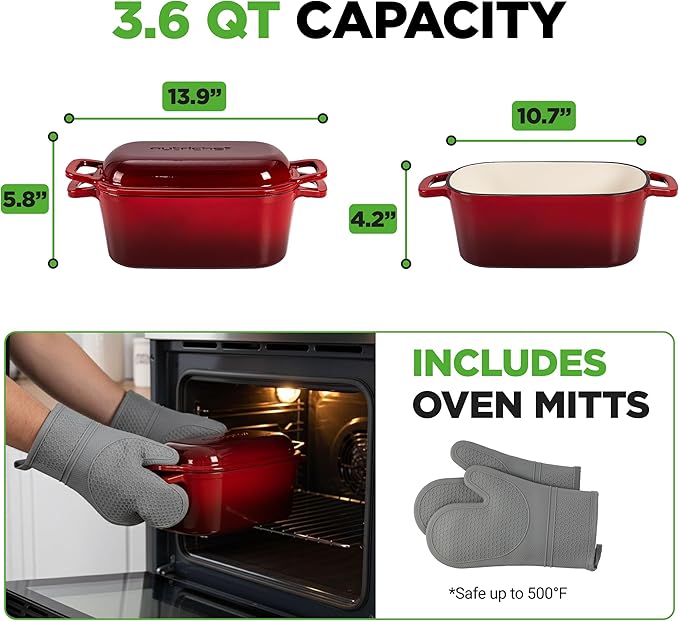 NutriChef 10" Enameled Cast Iron Bread Pan with Lid, Oval Loaf Dutch Oven with Silicone Gloves, Oven-Safe to 500°F, for Baking, Roasting, Stewing & More, Dishwasher Safe (Red)