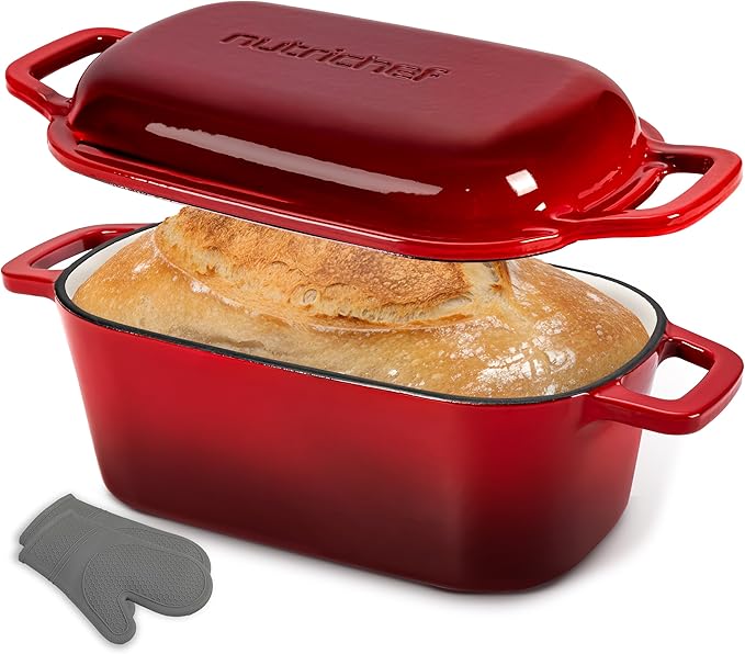 NutriChef 10" Enameled Cast Iron Bread Pan with Lid, Oval Loaf Dutch Oven with Silicone Gloves, Oven-Safe to 500°F, for Baking, Roasting, Stewing & More, Dishwasher Safe (Red)