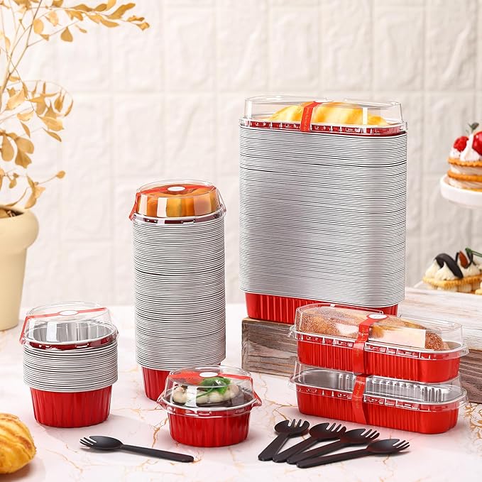 600 Pcs Valentine's Day Red Mini Loaf Pans with Lids and Spoons Sealing Stickers 6.8oz Disposable Aluminum Foil Muffin Baking Pans 5oz Cupcake Cups Cake Containers for Valentines Holidays Party