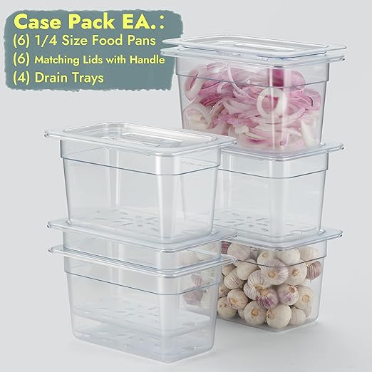 CURTA 6-Pack 1/4 Size 6" Deep NSF Polycarbonate Food Pans with Handled Lids & Drain Trays | Dishwasher & Freezer Safe Clear Container for Prep Tables, Buffet, Salad Bar, Commercial & Home Kitchen