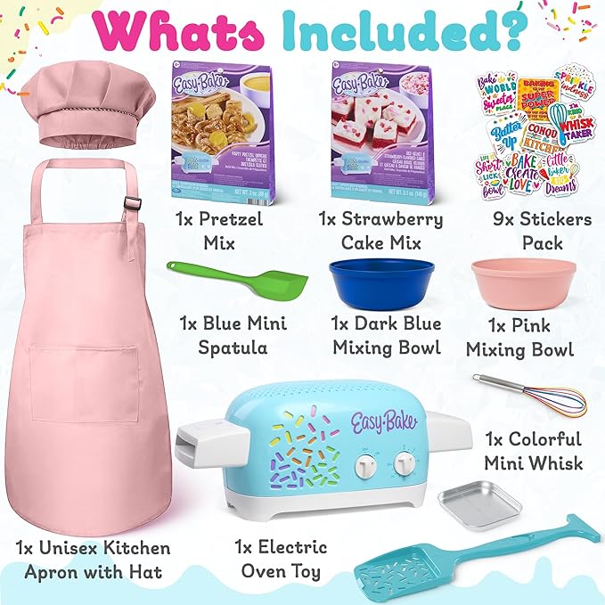 Ultimate Easy Baking Oven Bundle For Kids With 20 Items - Oven, 2 Refill Mixes, Apron, Hat, 2 Bowls, Spatula, Whisk, 9 Stickers, Baking Pan & Tool (Passionate Pink Bundle)