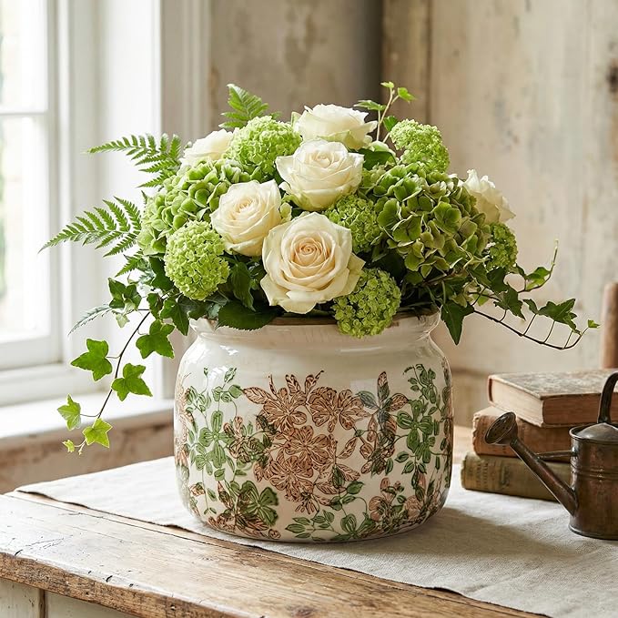 7.7" Large Ceramic Plant Pot Pink Green Vintage Hibiscus Crackle Glaze Rustic Flowers Pot Decorative Planter with Drainage for Indoor Outdoor Plants Home Kitchen Office Decor Gift