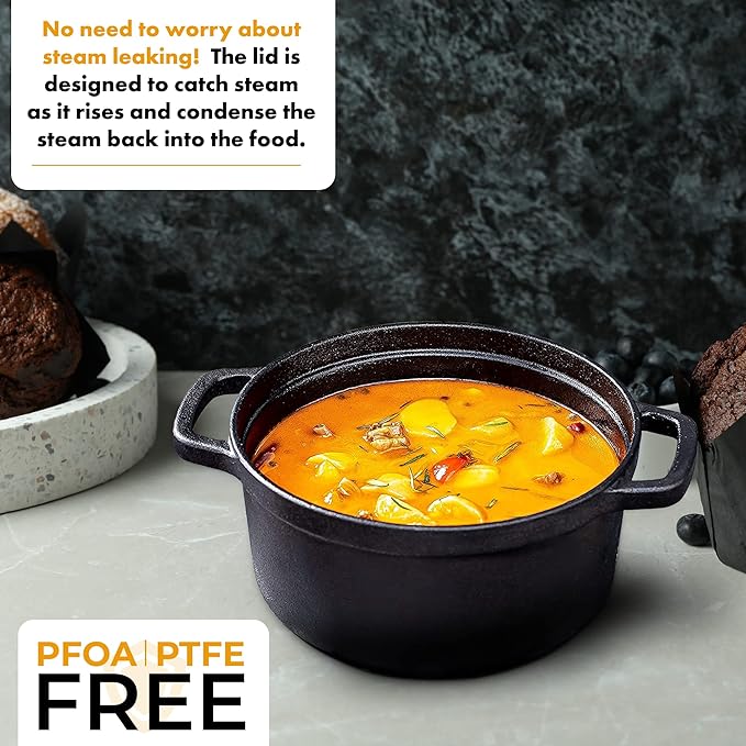 Bruntmor 5.2 Quart Pre-Seasoned Cast Iron Dutch Oven with Lid and Handles - Versatile Black Cast Iron Skillet - Shallow Cookware for Casseroles and Braising Dishes - Works with Induction Stovetops