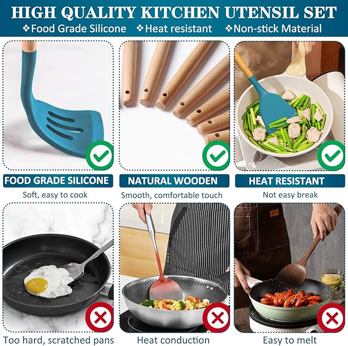 Silicone Cooking Utensils Set, 43Pcs Non-Stick Heat Resistant Kitchen Utensils Spatula Set with Wooden Handle for Baking, Cooking, and Mixing, Best Kitchen Gadgets Tools with Holder (Dark Blue)