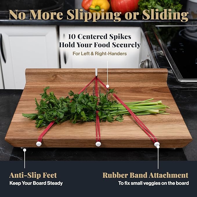 Adaptive One Handed Cutting Board With 10 Spikes – Ideal Gift for Stroke Patient, One-handed Person, Disabled, Handicapped People, Elderly Patients - Handicap Wooden Kitchen Chopping Boards