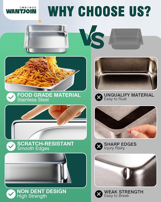 WantJoin Steam Table Hotel Pans 1/2 Half Size 6 Inch Deep 6 Pack, Stainless Steel Metal Tray Sets Food Storage Container for Restaurant Chafing Dishes Commercial Buffet Warmer Catering Supplies