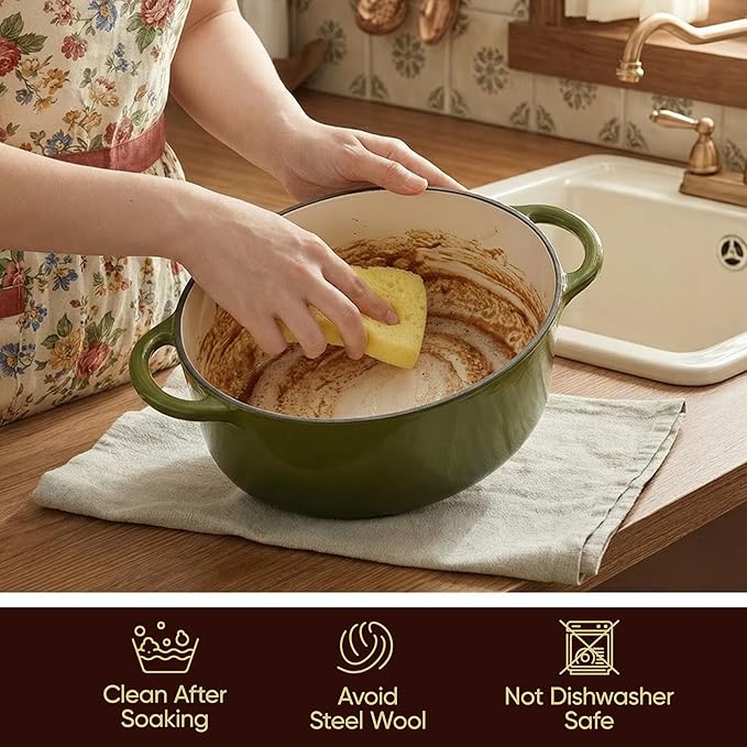 Vintage Style Oval Dutch Oven for Bread Baking, 4.5 Quart Non Stick Enameled Cast Iron Dutch Oven Pot with Lid, Oven Safe Oval Casserole with Lid up to 500°F for Baking, Braising, Stews, Roasting, Golden Green
