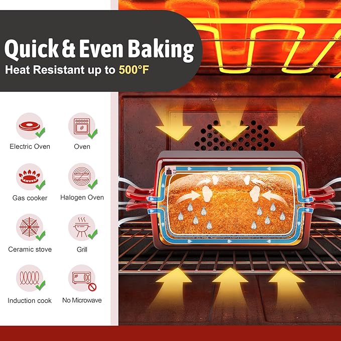 P&P CHEF 2-In-1 9 x 5 Inch Cast Iron Loaf Pan with Lid (Red), Bread Loaf Pans for Baking Homemade Sourdough Bread, Meatloaf, Toast, Cake, Nonstick & Healthy & Sturdy, 2 Piece Set