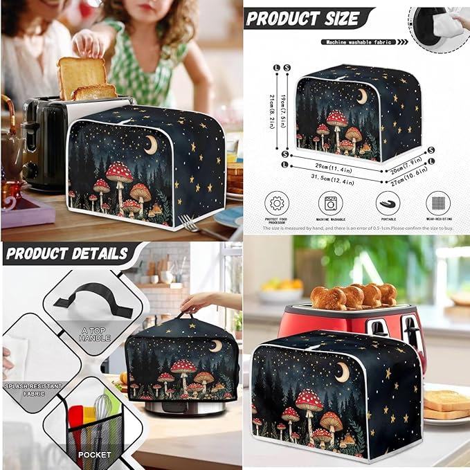 Mushrooms Moon 4 Slice Toaster Cover Small Appliance 3-Pcs Set,Bread Toaster, Blender and Slow Cooker Cover Dust and Fingerprint Protection, Machine Washable Kitchen Decor (Black)
