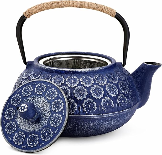 Juvale Japanese Cast Iron Teapot with Infuser & Stovetop Tea Kettle - 34 oz, Blue - Heat Retention, Removable Lid & Fold-Down Handle