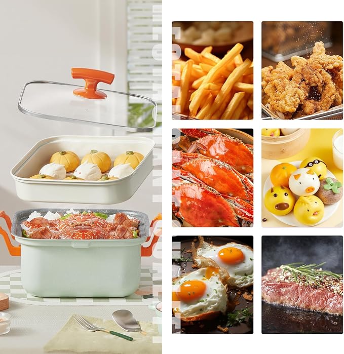Deep Fryer & Steamer Pot - Nonstick Maifan Stone Coating, Fry, Steam, Sauté & Braise, Easy-Clean, 4.5L/152oz Capacity with Glass Lid, Metal Steamer Rack, and Stainless Steel Fry Basket