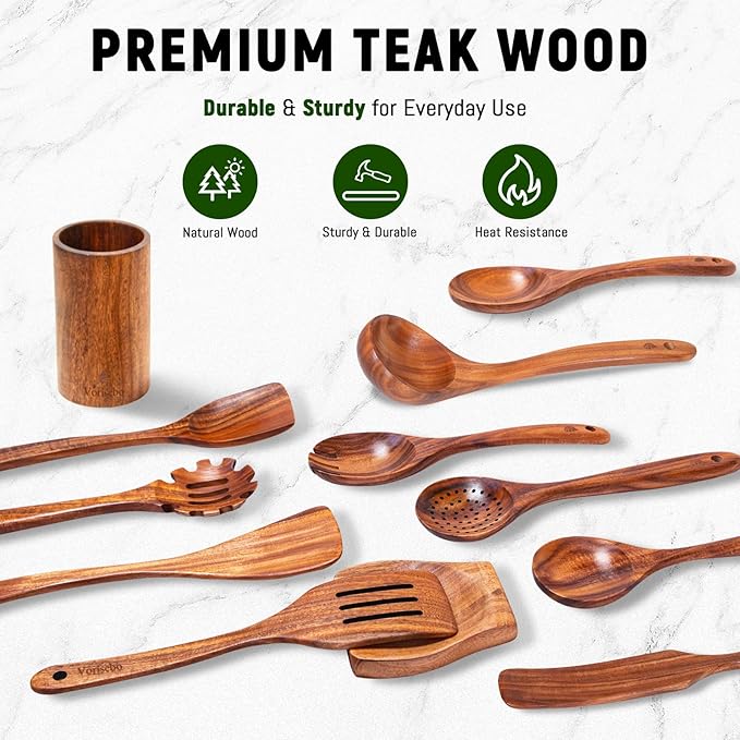 12 Piece Wooden Spoons for Cooking, Natural Teak Wooden Utensils Set, Handmade Wood Kitchen Utensil Set with Holder and Spoon, Durable Nonstick, Comfort Grip Wood Cookware Tool