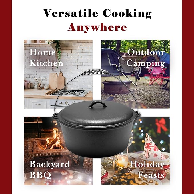 Cuisiland 9 Quart Cast Iron Dutch Oven with Dome Lid & Bail Handle – Pre-Seasoned Campfire Pot for Outdoor Cooking, Baking, Braising & Stews – Heavy-Duty, Even-Heat Casserole Pot for Camping & Home Use