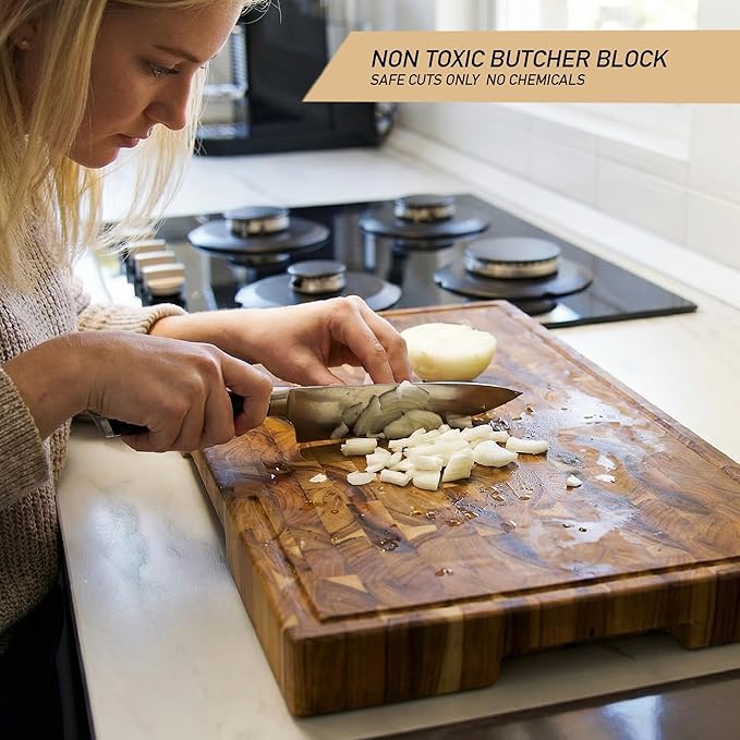 Teak Cutting Board - 19.7 x 12.2 Inch (ExtraThick 1.7") Premium Quality Butcher Block for Meat, Cheese, Charcuterie Board. Heavy Duty End Grain Wood Chopping Board with Handle (Oil & Plate Included)