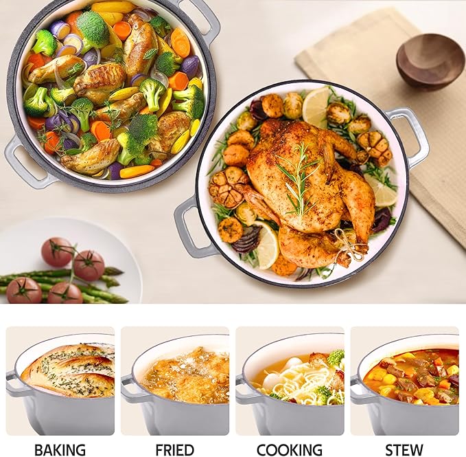 2 in 1 Enameled Cast Iron Dutch Oven Pot 6QT with 2QT Lid - Big Dual Handles - Oven Safe up to 500°F - Classic Round Pot for Versatile Cooking Grey