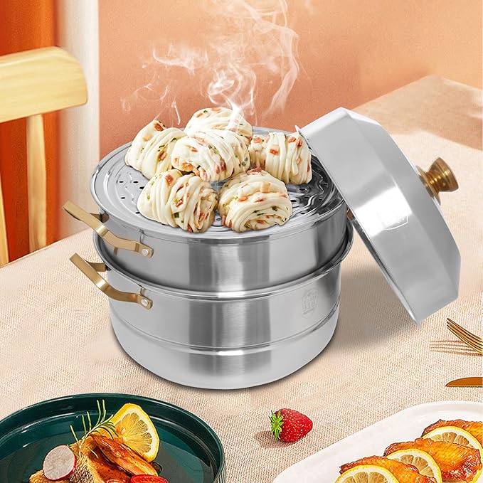 Stainless Steel Steamer Pots, Non-Stick Meat Vegetable Cooking Steam Pot Kitchen Steamer Cooker Dumpling Steamer Cookware Steaming Pots for Induction Cookers, Electric Ceramic Stoves (3-Tier, 32CM)