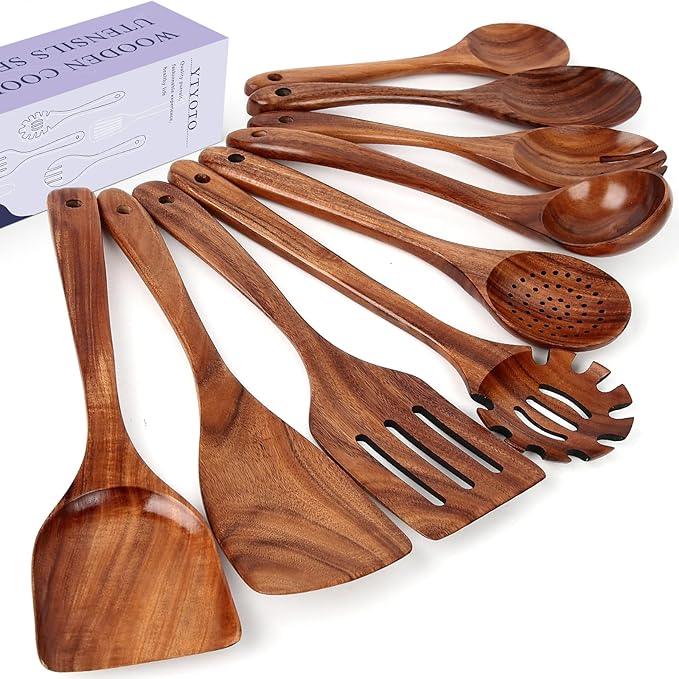 Wooden Utensil Set, Natural Teak Wooden Kitchen Utensils Set, Essential Wooden Spoons for Cooking (9Pcs)