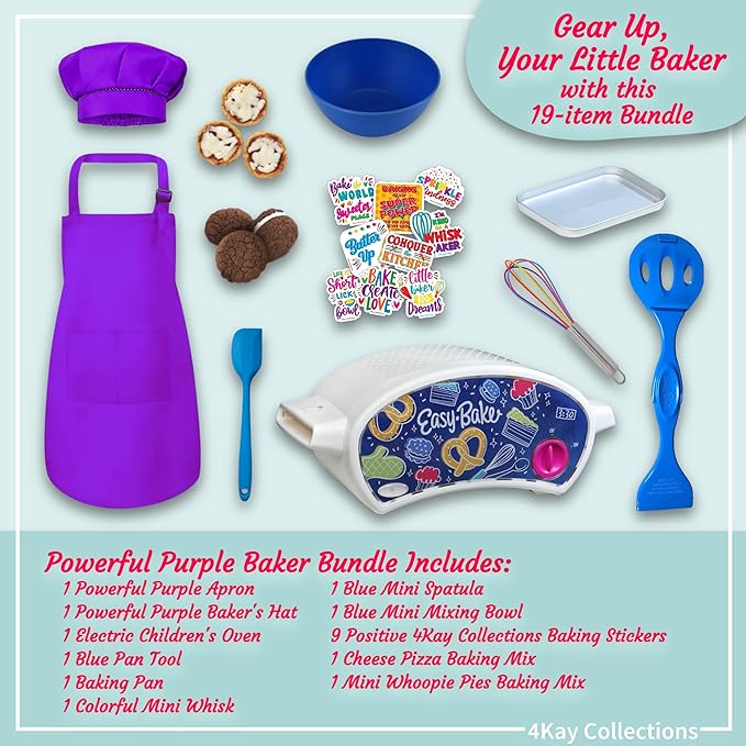 Ultimate Easy Baking Oven Bundle For Kids With 19 Items - Oven, 2 Refill Mixes, Apron, Hat, Bowl, Spatula, Whisk, 9 Stickers, Baking Pan & Tool (Powerful Purple Baker Bundle)
