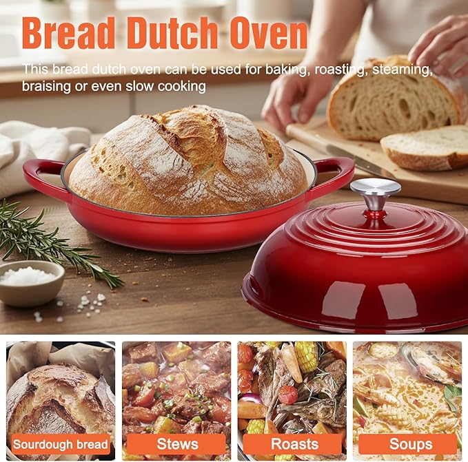Enameled Round Cast Iron Bread Oven, 6 Qt Cast Iron Dutch Oven for Homemade Sourdough Bread Baking, Bread Pot with Dome Lid (Red)