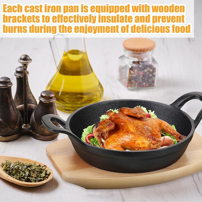 Sliner 4 Sets Mini Cast Iron Skillet Small Cast Iron Plates Skillet with Wooden Base Small Round Pan Fajita Plate Pot for Baking Cooking(4.9 Inches)