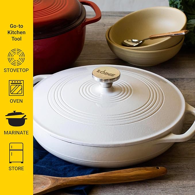 Lodge 3.6 Quart Enameled Cast Iron Round Casserole With Lid– Dual Handles – Oven Safe up to 500° F or on Stovetop - Use to Marinate, Cook, Bake, Refrigerate and Serve – Oyster White