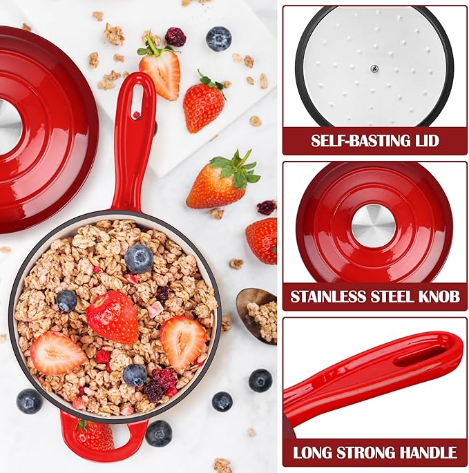 E-far Enameled Cast Iron Sauce Pan with Lid, 1 Quart Dutch Oven Saucepan, Mini Sauce Pot for Cooking, Boiling, Healthy & Non Toxic, Induction & Oven Safe, Red