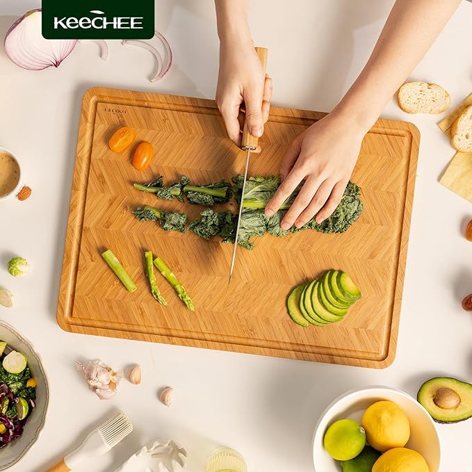 Atelier Collection Bamboo Cutting Board, Reversible Wood Chopping Boards for Kitchen with Juice Grooves, Handcrafted Large Serving Tray, Luxury Housewarming Wedding Gifts for New Home