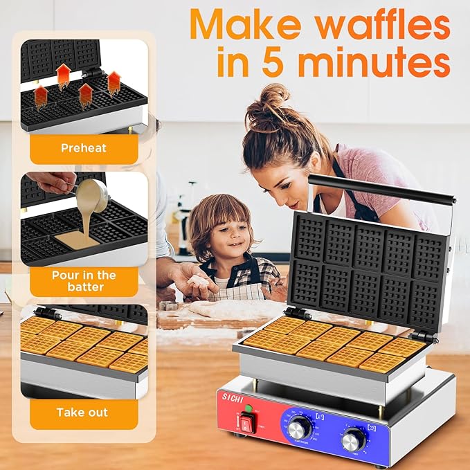 Square Waffle Maker - Commercial Waffle Iron w/Non-stick Baking Pans, 550 ℉ Temperature and Timers, 1550W Hotel Waffle Machine for Double Baking, Professional Stainless Steel Waffle Maker