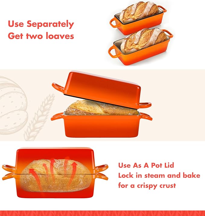 2 IN 1 Cast Iron Bread Loaf Pan with Lid, 3.4QT 9x5 Inch Dutch Oven for Bread Baking, Even Heating Bread Oven, Enameled Bread Pan for Homemade Sourdough Bread Baking & Versatile Cooking, Orange