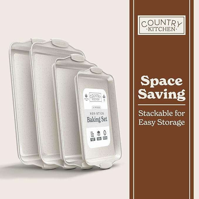 Country Kitchen Nonstick Stackable Bakeware Set - Heavy Duty, Durable, Easy Release Baking Set, Cream, 4 Pcs