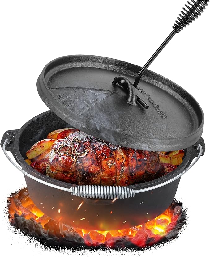 LIFERUN Dutch Oven Pot with Lid, 12 Quart Cast Iron Dutch Oven, without Feet, with Stand & Spiral-shaped Handle, Cast Iron Pot for Outdoor & Indoor, black