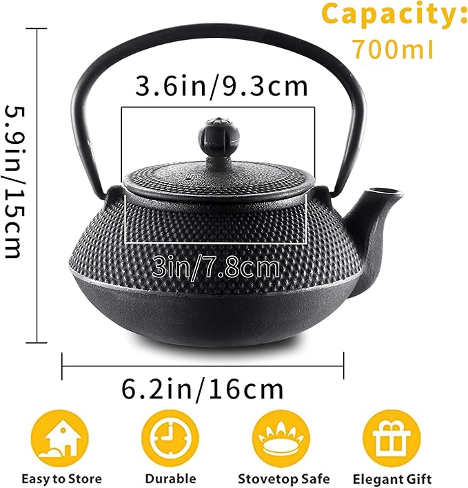 Velaze Cast Iron Teapot Set,Japanese Teapot Heat Preservation with Trivet,Stainless Steel Infuser and 2 Cups,Durable Cast Iron with a Fully Enameled Interior,Beautiful Hammered Design,700ML/23oz