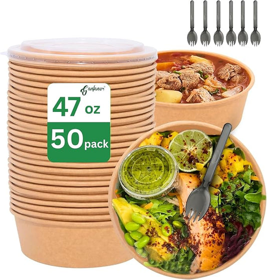 47 OZ Disposable Round Paper Bowls Extra Large 50 Sets, Meal Prep Food Container Box w Lids Sporks, Spill-Proof Salad Bowls To Go Microwave, Perfect for Large Size Food without Bending