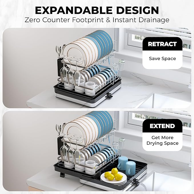 Pumokc Dish Drying Rack, Expandable Large Capacity 2 Tier Dish Drying Rack, Stainless Steel Dish Drainer with Utensil Holder, Adjustable Width for Kitchen Counter,Black