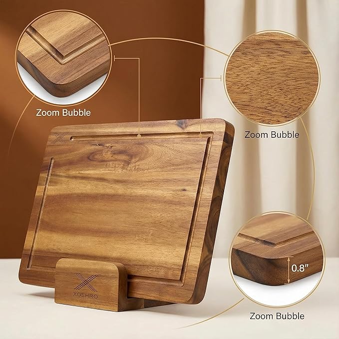 Acacia Wood Cutting Board Set of 3 with Stand - (16x12 / 14x10 / 12x8) Thick Wooden Chopping Boards with Deep Juice Grooves, Non-Slip & Durable Wooden Boards for Meat & Vegetables - Natural