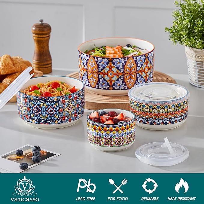 vancasso Serving Bowls with Lids Set of 4, Ceramic Nesting Mixing Bowls for Food Storage, Prep and Stackable, Dishwasher & Microwave Safe Gift Set, 60/36/20/10 OZ, Series SIMI