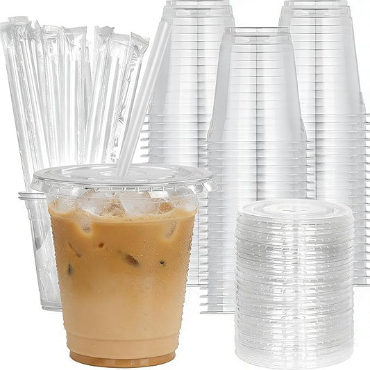 12 oz 100 Pack Disposable Clear Plastic Cups with Lids and Straws, Food Safe Bulk Iced Coffee Cups for Smoothies, Milkshakes and Other Cold Drinks
