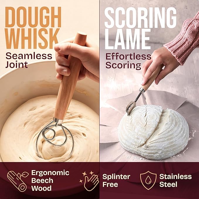 Superbaking Sourdough Starter Kit, 9" Splinter-Free Banneton Bread Proofing Basket Set with Non-Stick Silicone Dough Sling & Glass Starter Jar Kit, Sourdough Bread Baking Supplies, Sourdough Tools