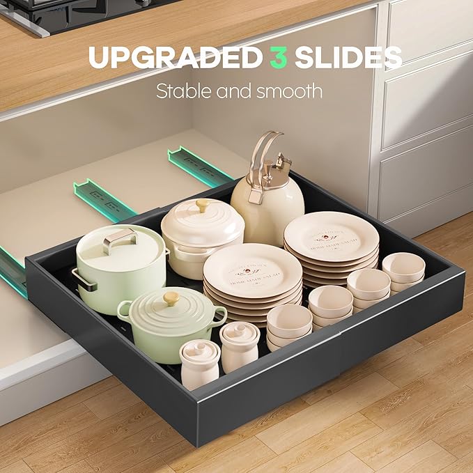 6 Pack Pull out Cabinet Organizer 21"Deep with Raising Pad for Framed Cabinets, Expandable Slide out Drawers for Kitchen Cabinets with 6pcs Divider Racks, Roll out Shelves 12.1"-20.4" W Black